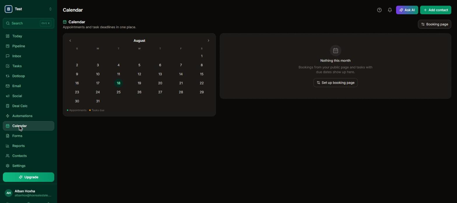 Calendar screen with the booking page setup button