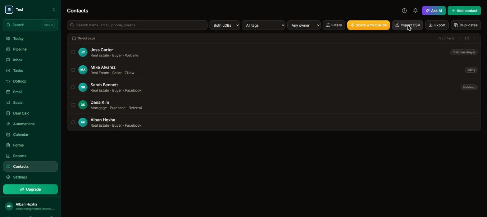 Contacts screen with the Import CSV button