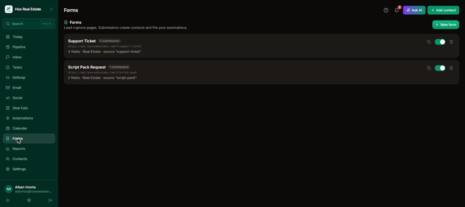 Forms screen with hosted lead-capture forms